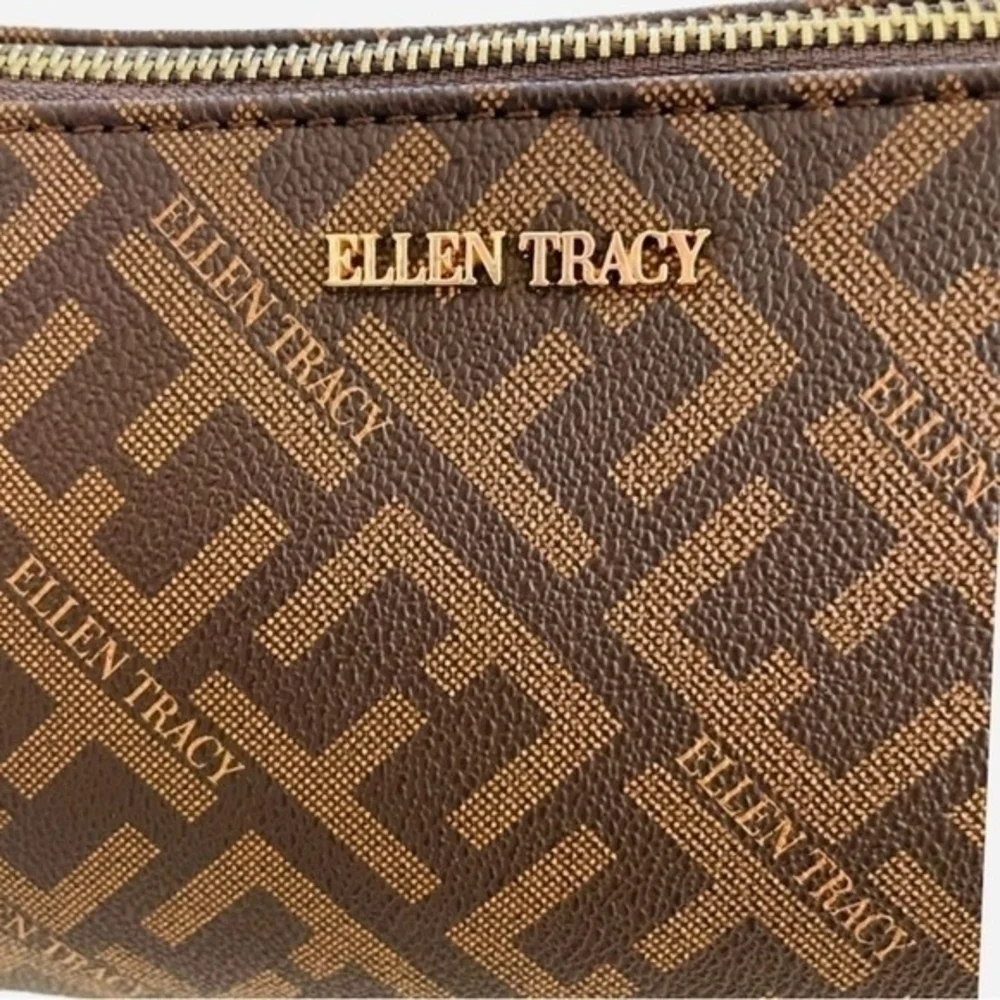 ELLEN TRACY Brown Signature Print Baguette Shoulder Bag NWT Vegan Leather